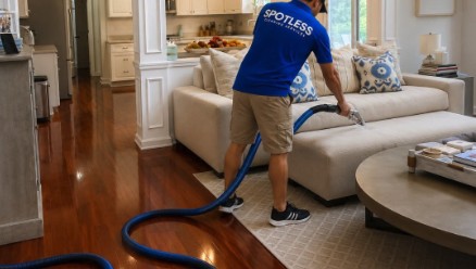 Atlantic Spotless technician deep-cleaning a beige sofa with professional extraction equipment in a HRM living room