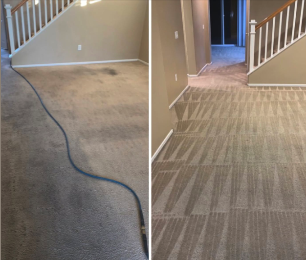 Carpet cleaning before and after in Dartmouth — stained living room carpet and the cleaned result